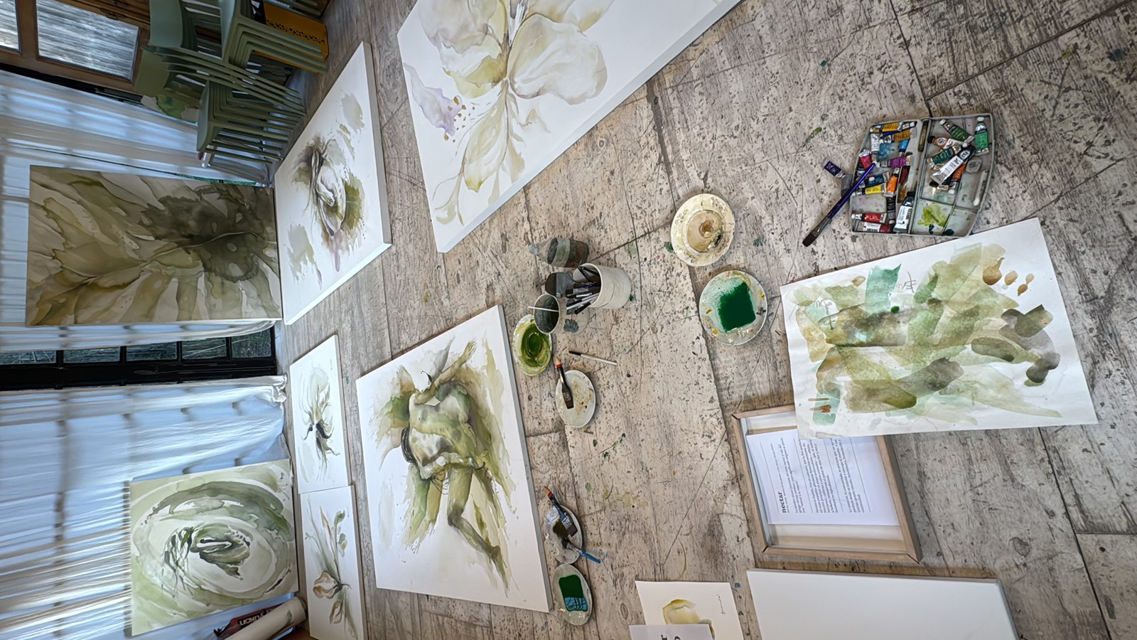 Overhead view of many watercolours by Brenda Rodríguez laid out across the studio floor with palettes and brushes