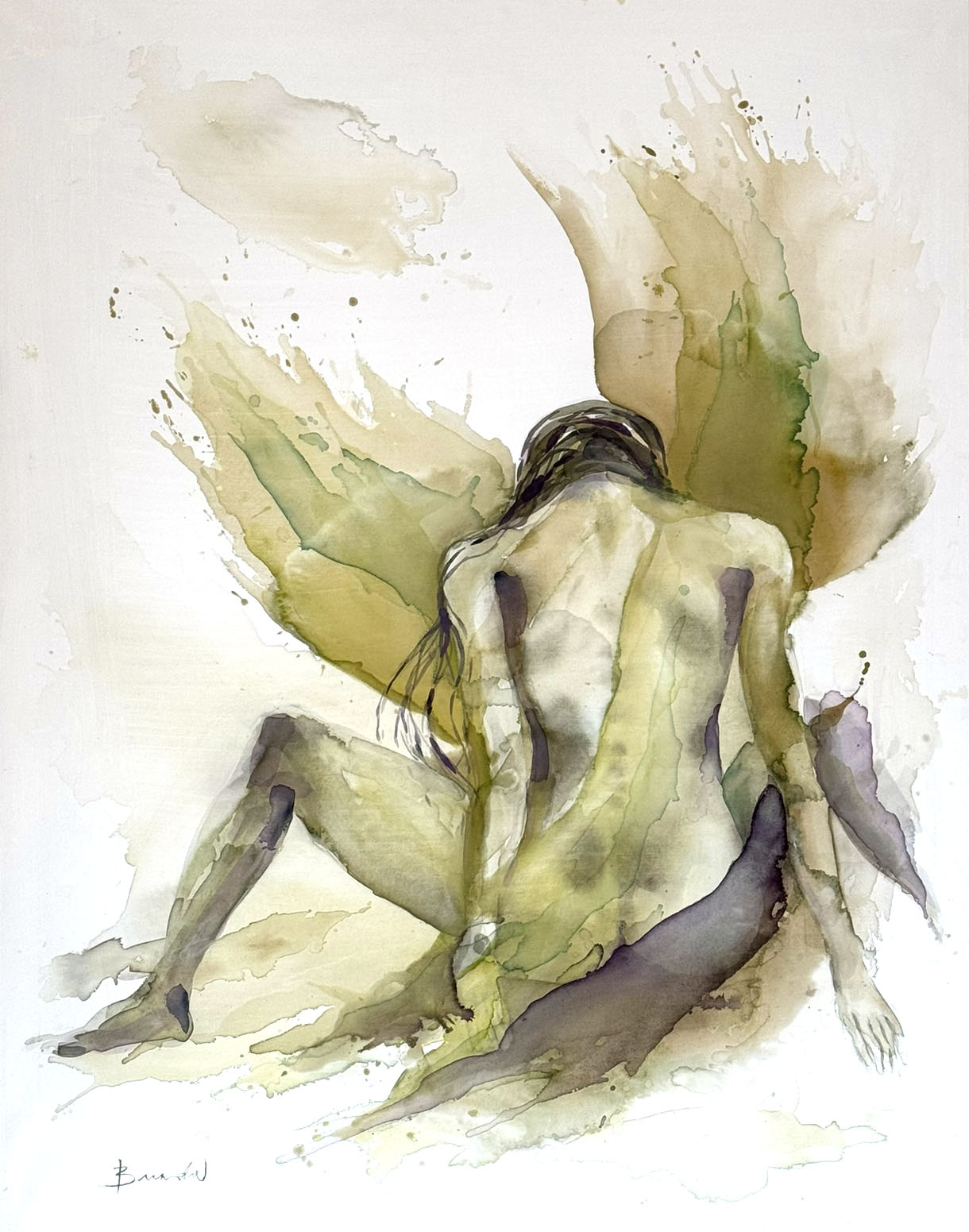 Seated figure seen from behind with winged washes of olive and gold — Deseo by Brenda Rodríguez
