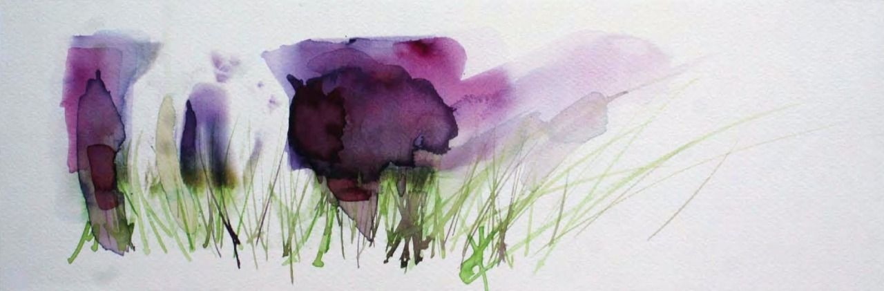 Wide panoramic watercolour in violet, plum and green with grass-like strokes along the lower edge — Waters of Indonesia by Brenda Rodríguez