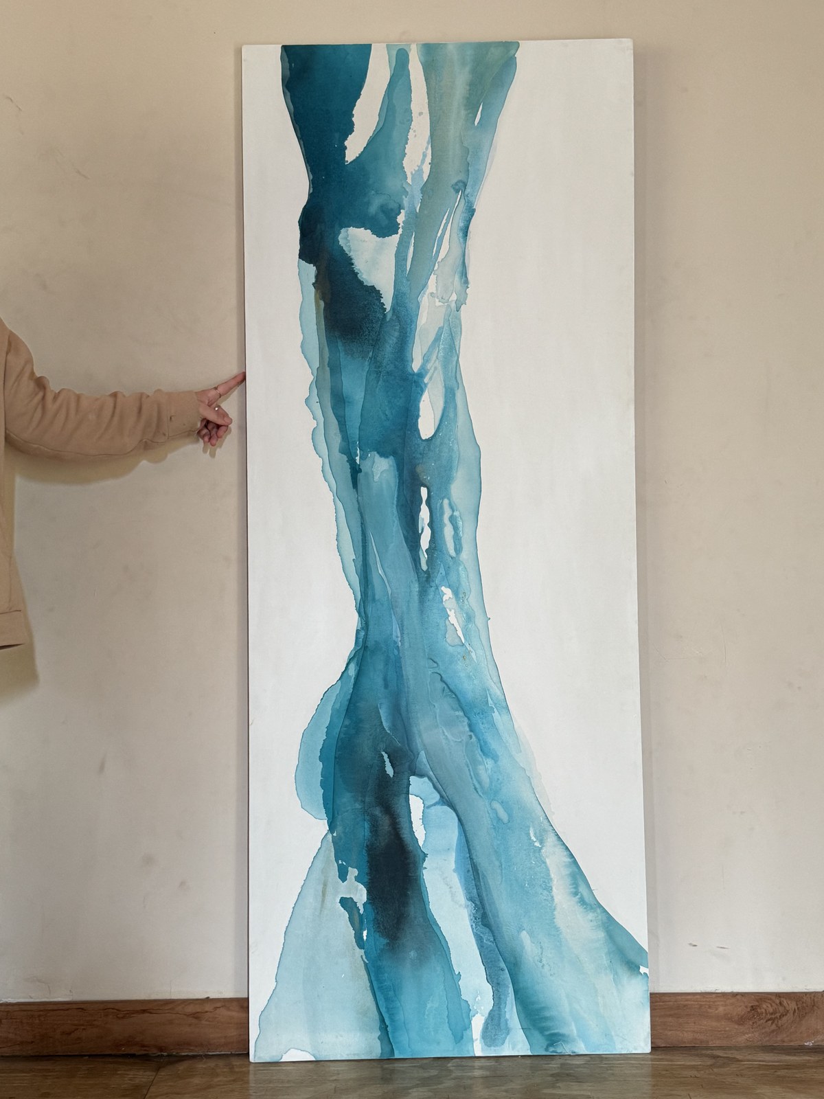 Original painting by Brenda Rodríguez — tall vertical teal cascade of flowing water