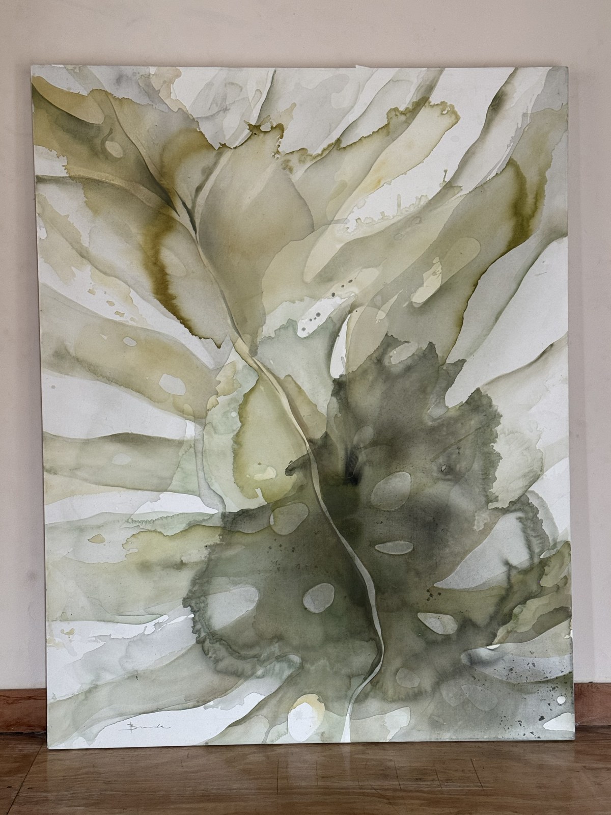 Original painting by Brenda Rodríguez — pale green and grey abstract watercolour