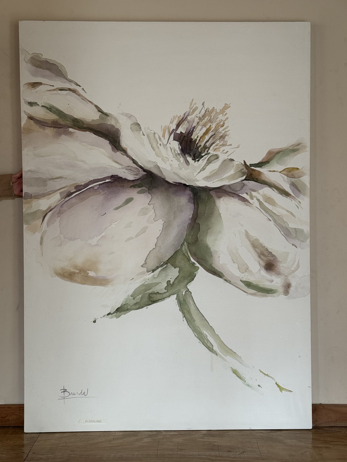 Original painting by Brenda Rodríguez — large white flower in watercolour on canvas