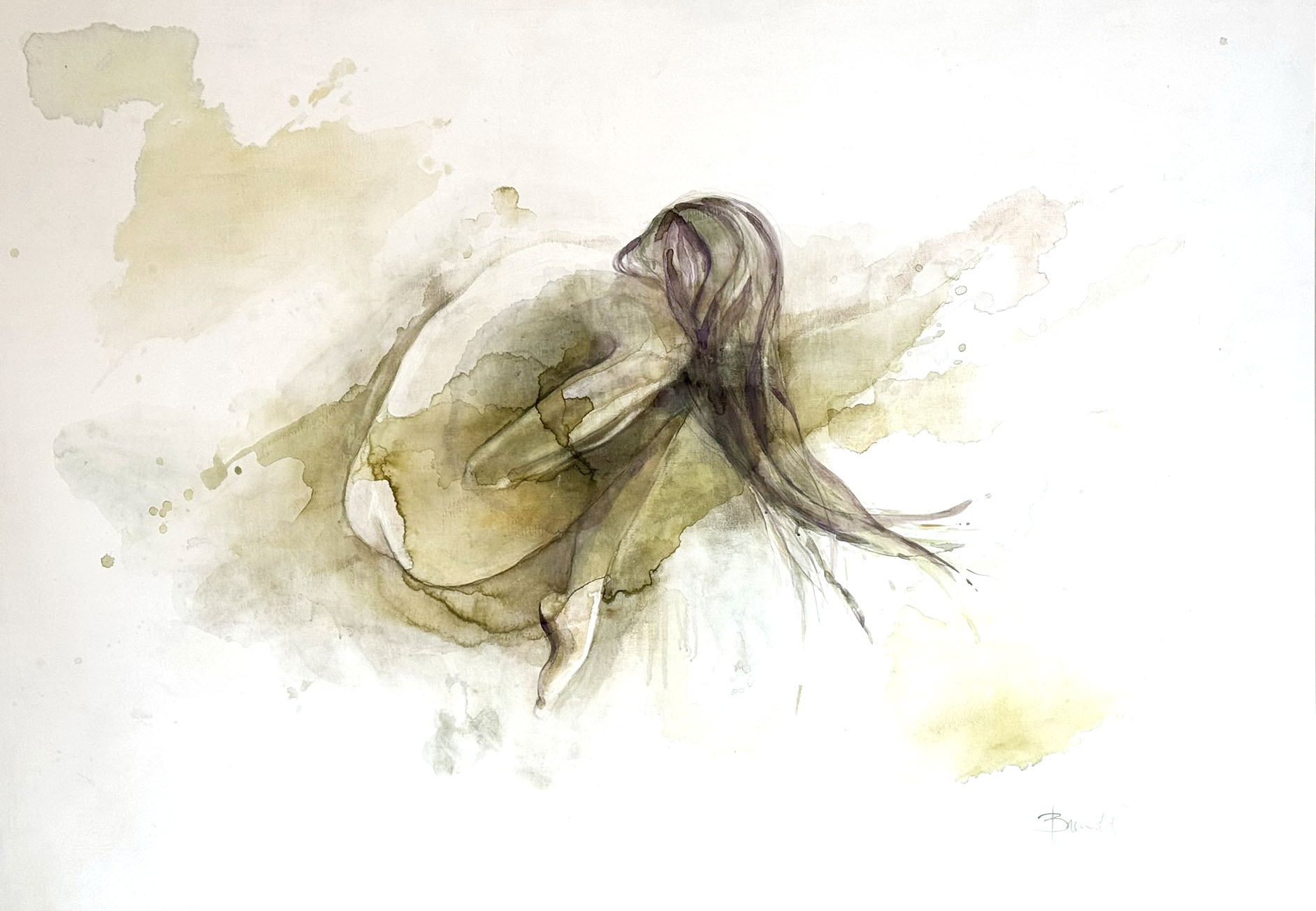 Reclining figure with long hair in soft olive and violet washes — Donde Todo Comienza by Brenda Rodríguez